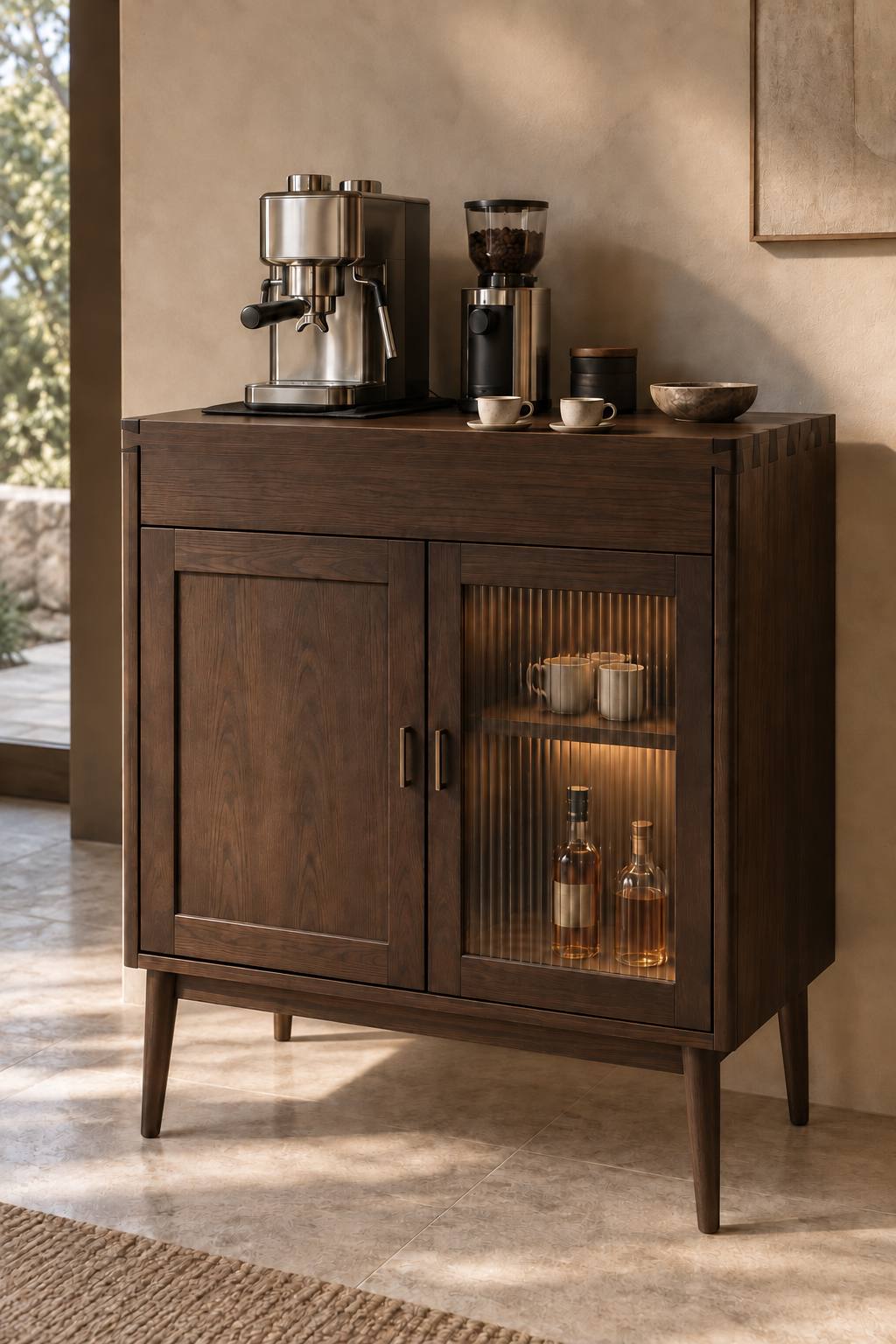 Konzeptvisualisierung eines dunklen Coffee & Bar Cabinets mit Kaffeemaschine, geschlossener Holztür und beleuchteter Zone hinter geriffeltem Glas.